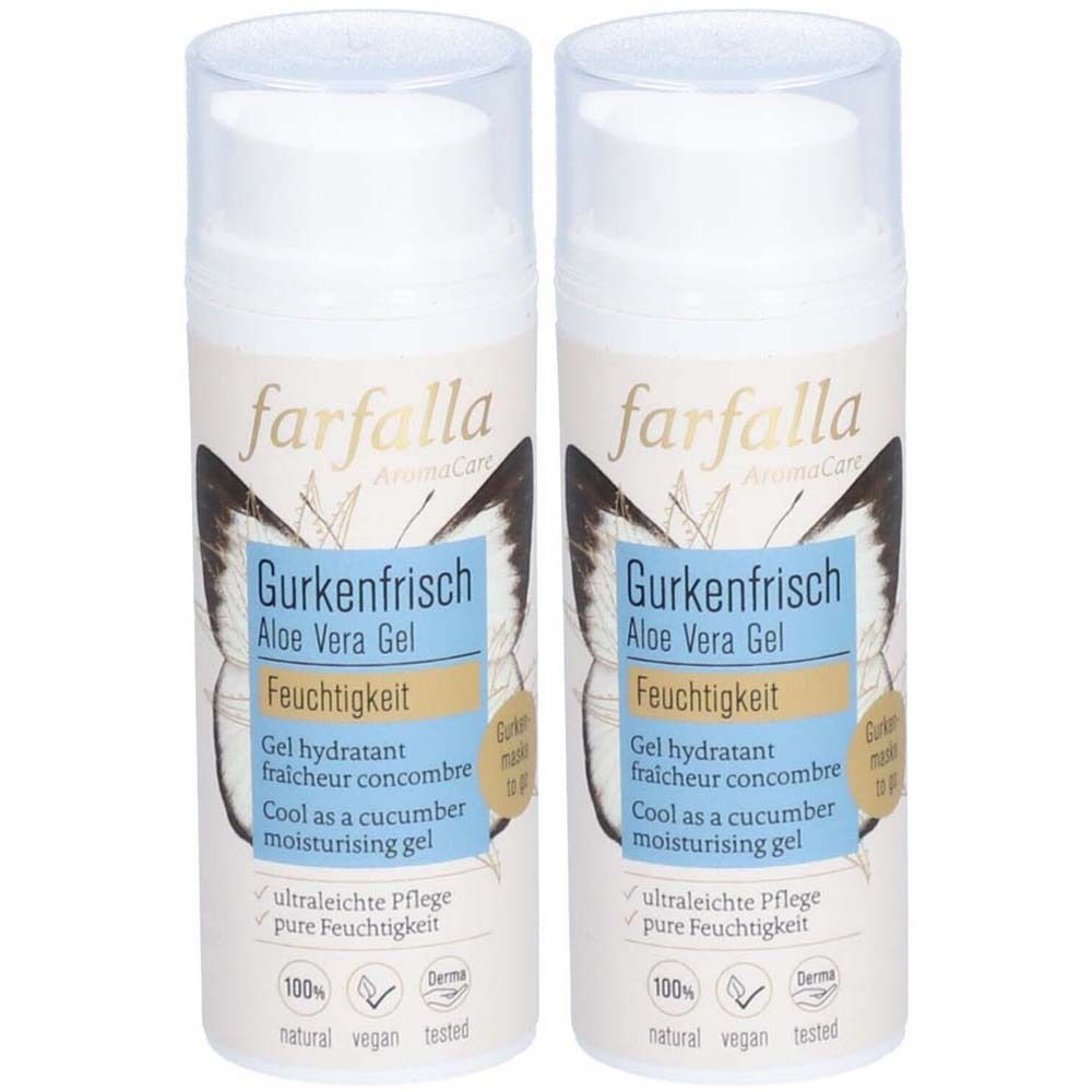 Deux flacons de gel hydratant. Inscription : farfalla Gurkenfrisch Aloe Vera Gel. Avec couvercle et impressions.