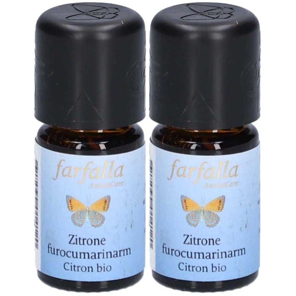 Deux petites bouteilles en verre brun avec des bouchons noirs. Les étiquettes indiquent "farfalla" et "Zitrone furocumarinarm".