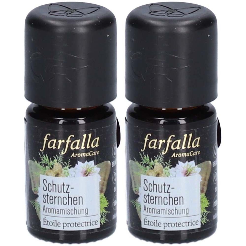 Deux petits flacons bruns avec bouchons noirs. Inscription : farfalla AromaCare, Schutzsternchen Aromamischung, Étoile protectrice.