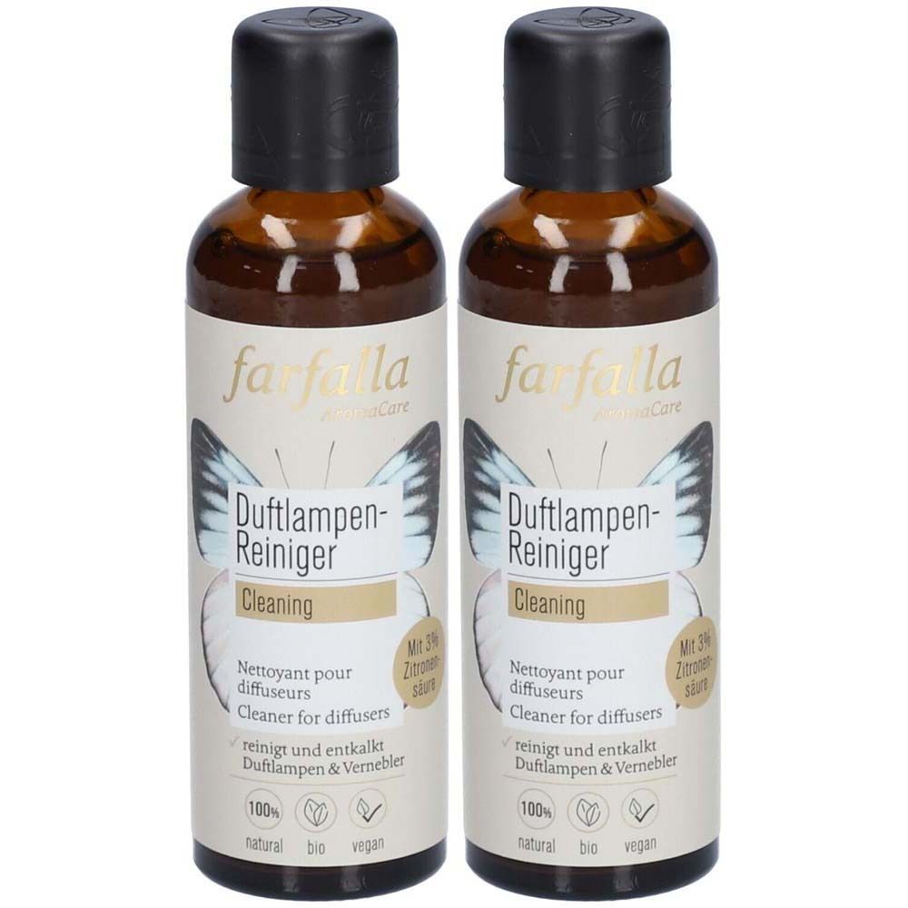 Deux flacons bruns avec bouchons noirs. Étiquettes : "farfalla Duftlampen-Reiniger", nettoyant pour diffuseurs.