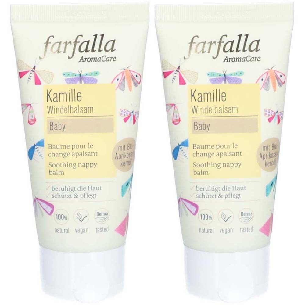 Deux tubes de baume pour bébé farfalla. Inscription : Camomille, Bébé, apaise la peau, protège et soigne. Avec certifications.
