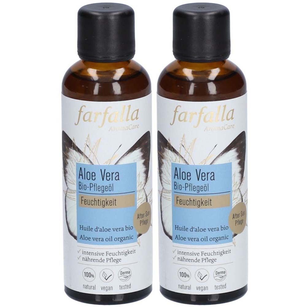 Deux flacons d'huile d'aloe vera bio. Inscription : farfalla, Aloe Vera, Feuchtigkeit, Huile d'aloe vera bio, Aloe vera oil organic.