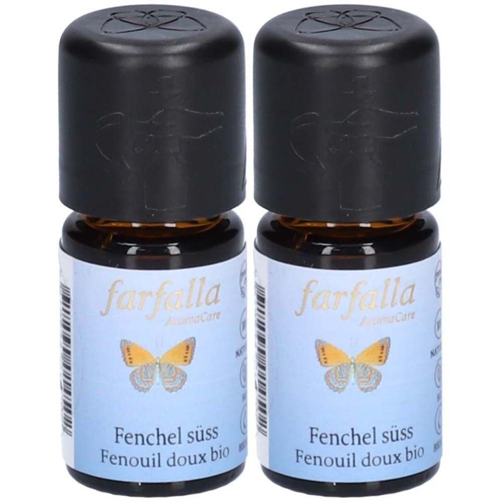 Deux petites bouteilles en verre brun avec des bouchons noirs. Les étiquettes indiquent "farfalla" et "Fenchel doux".