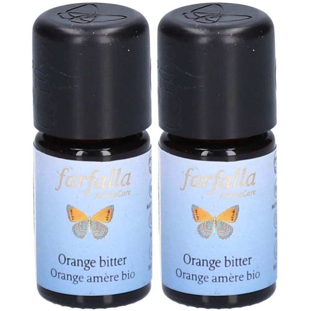 Deux flacons d'huile essentielle. Étiquettes bleues avec papillon et inscription "farfalla". Inscription "Orange bitter".