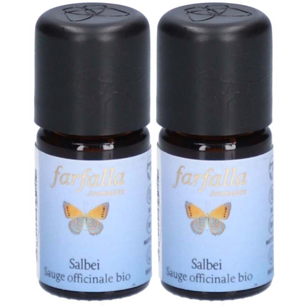 Deux petites bouteilles en verre brun avec des bouchons noirs. Les étiquettes indiquent "farfalla" et "Salbei".