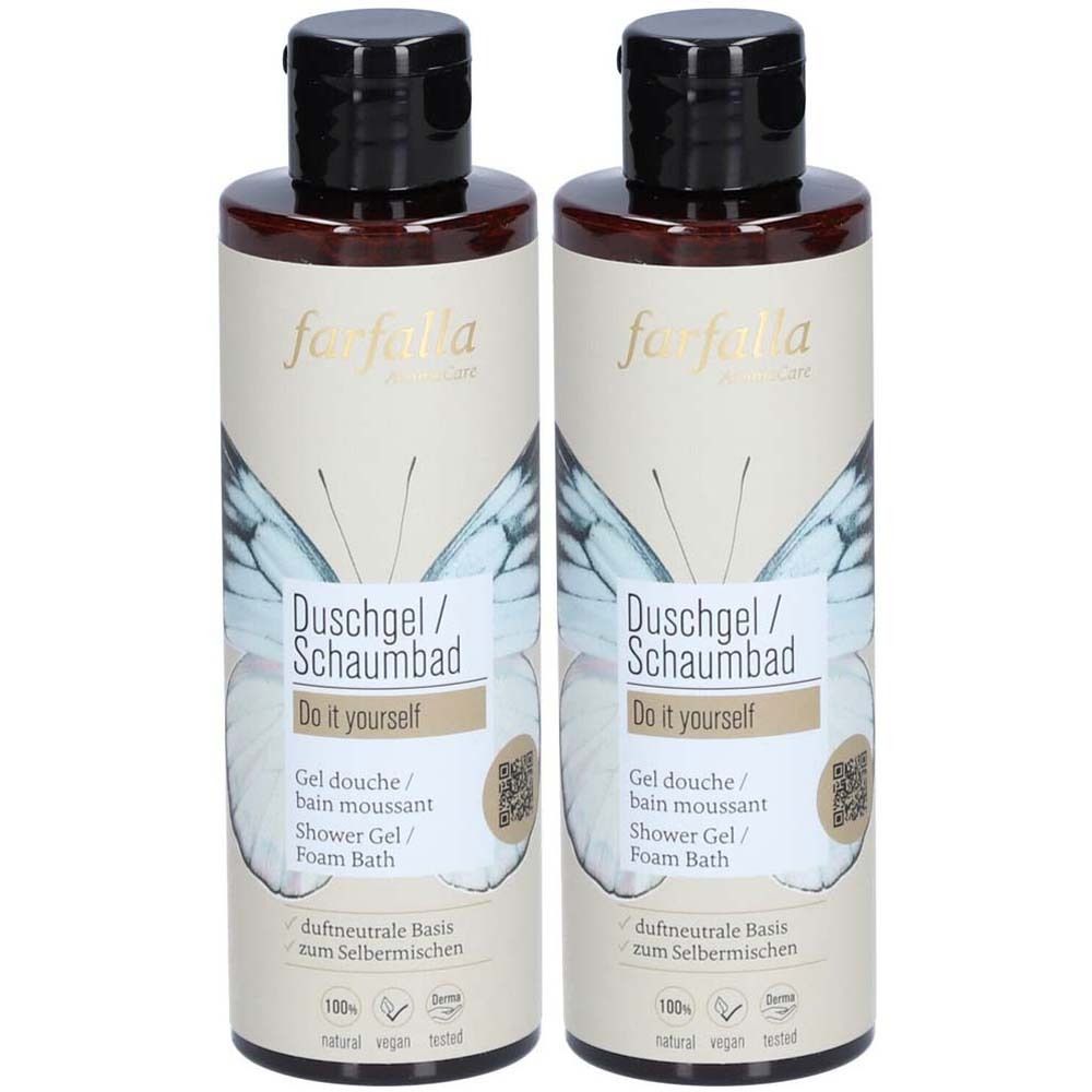 Deux flacons de gel douche/bain moussant avec bouchons noirs. Inscription : farfalla, Duschgel/Schaumbad, Do it yourself, Gel douche/bain moussant.