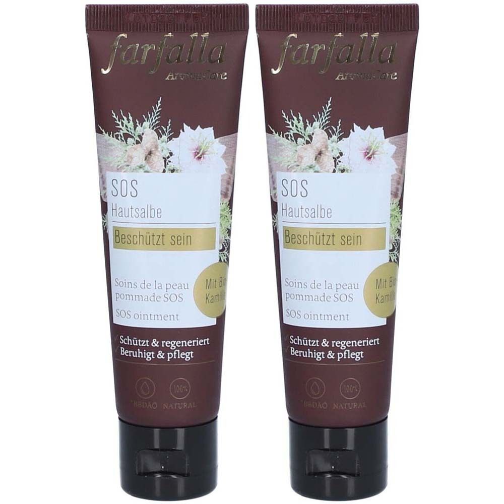 Deux tubes de pommade pour la peau. Inscription : farfalla, SOS Hautsalbe, Beschützt sein. Texte en français et en anglais. Tube marron avec bouchon noir.
