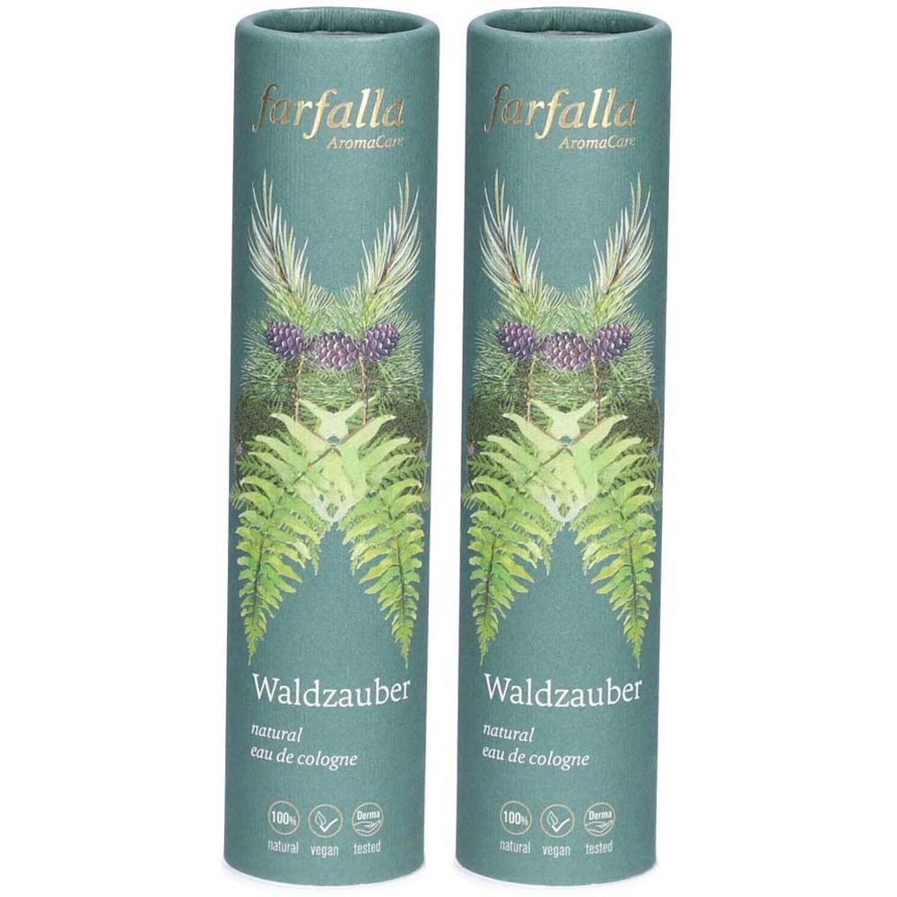 Deux emballages cylindriques avec motif floral. Inscription: Waldzauber, natural eau de cologne. Marque: farfalla.