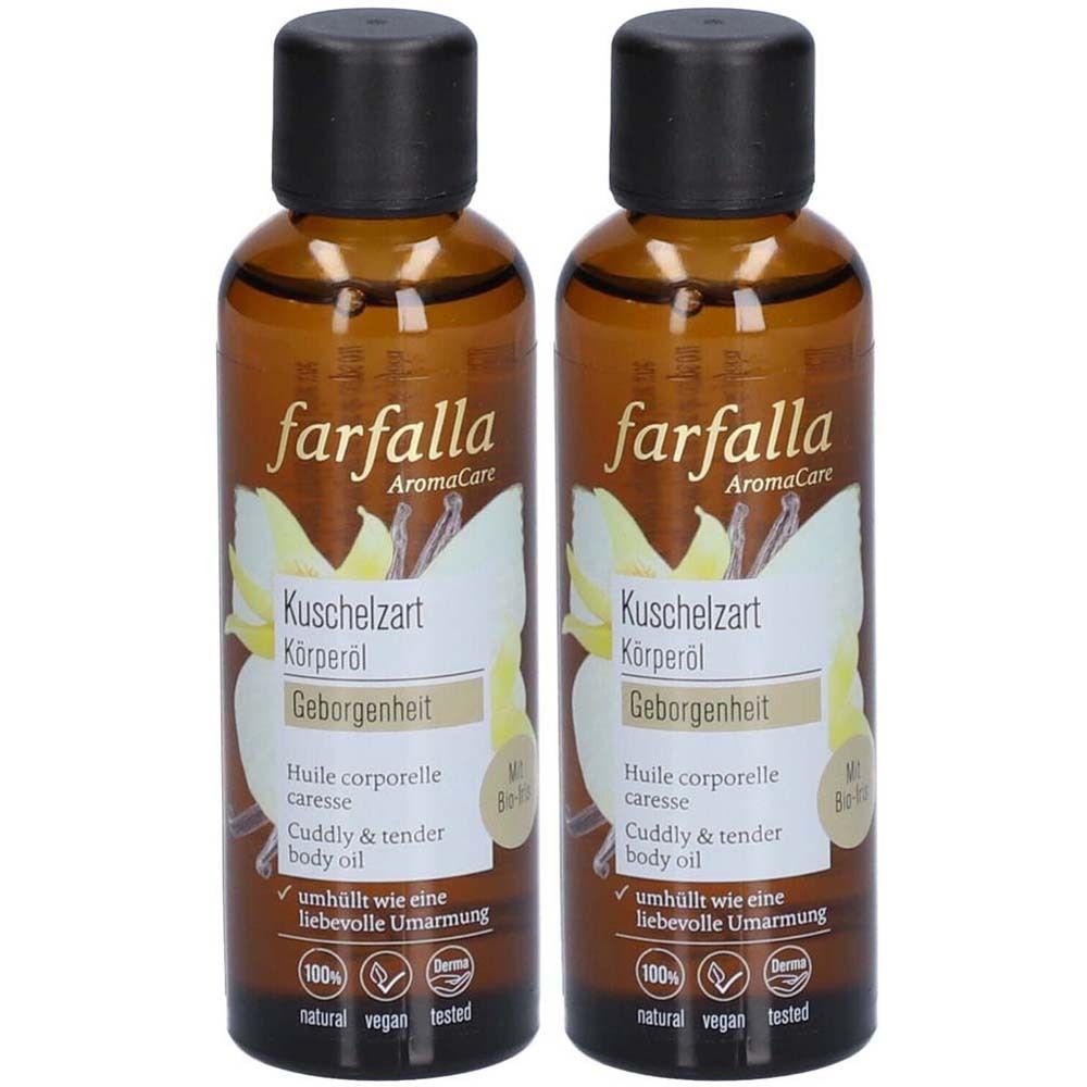 Deux flacons bruns avec bouchons noirs. Inscription: farfalla, Kuschelzart Körperöl, Geborgenheit. Étiquette avec fleur.