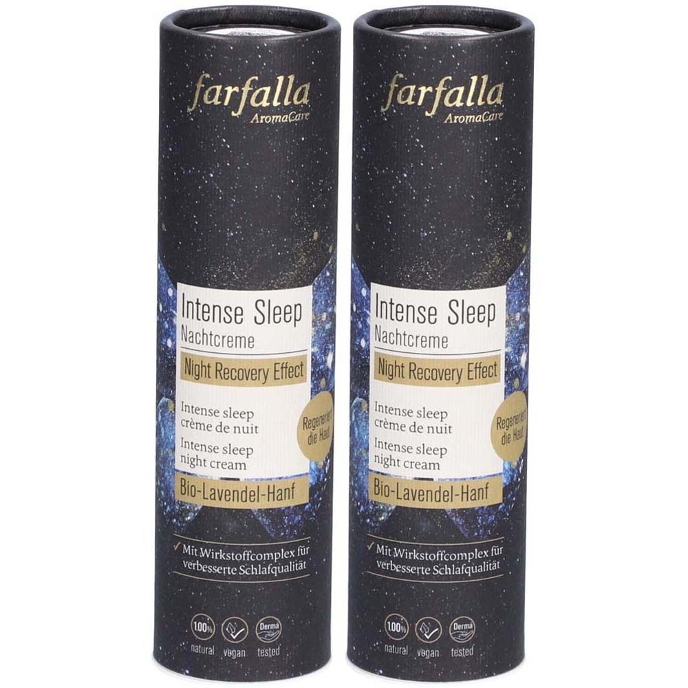 Deux emballages cylindriques "farfalla Intense Sleep Nachtcreme". Fond noir étoilé avec informations produit et mentions.