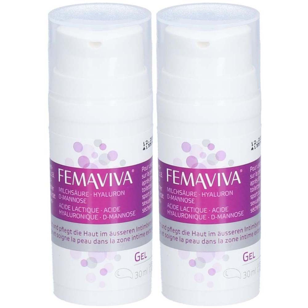 Deux flacons blancs avec bouchon pompe. Sur chaque flacon, le nom FEMAVIVA en violet, suivi des ingrédients et de la mention GEL.