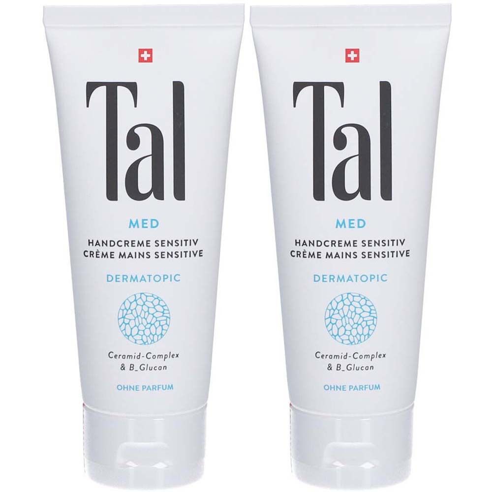 Deux tubes blancs avec logo "Tal" noir, "MED", "Handcreme Sensitiv", "Dermatopic" et croix suisse. Sans parfum.