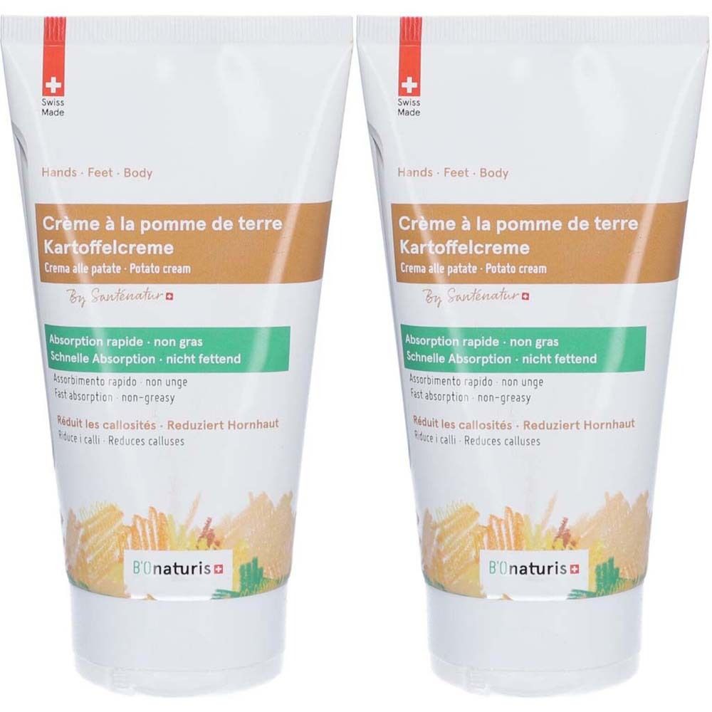 Deux tubes de crème à la pomme de terre. Blanc, avec bandes marron et verte. Texte: Crème à la pomme de terre, Kartoffelcreme, Bionaturis.