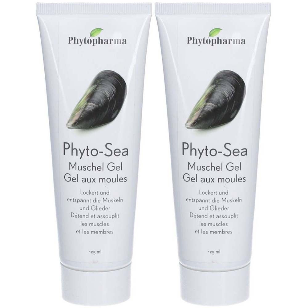 Deux tubes de gel Phyto-Sea Muschel. Tubes blancs avec nom du produit, moule et texte en allemand et français.