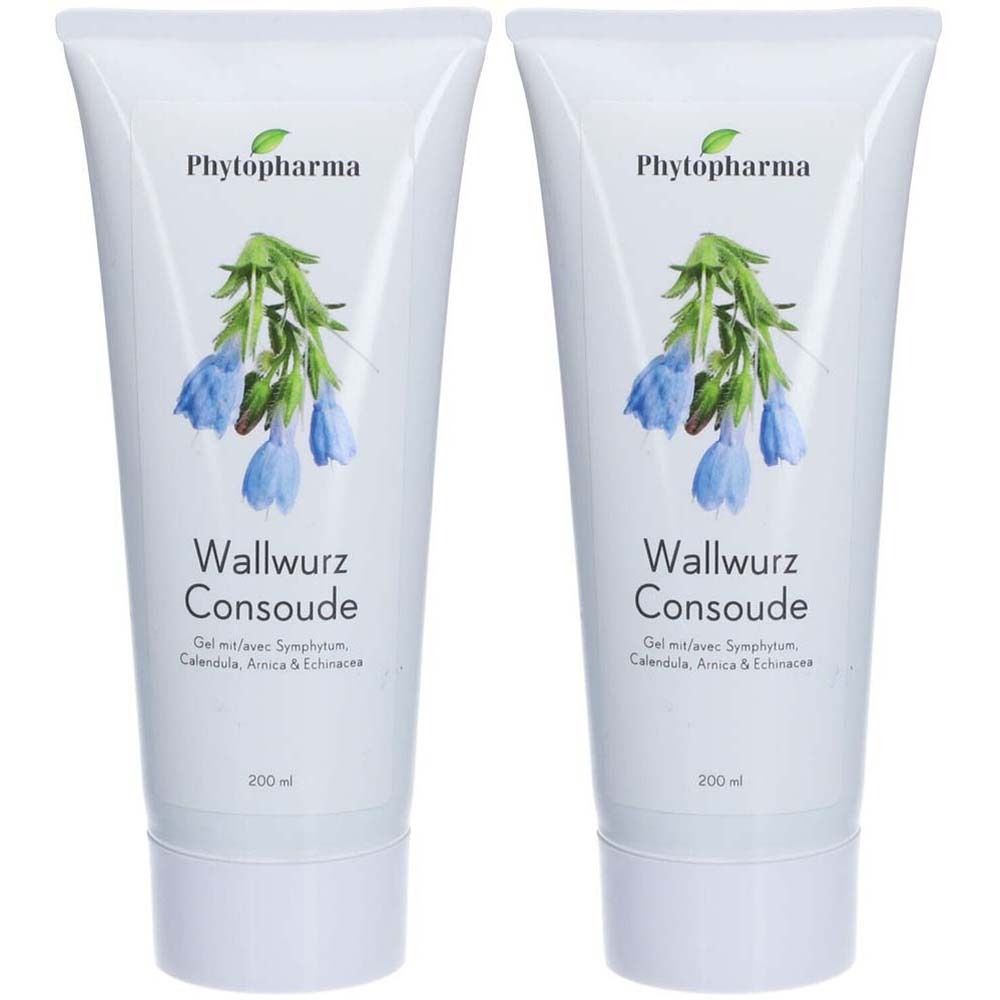 Deux tubes blancs avec motif floral et inscription "Phytopharma Wallwurz Consoude". Contenance 200 ml.