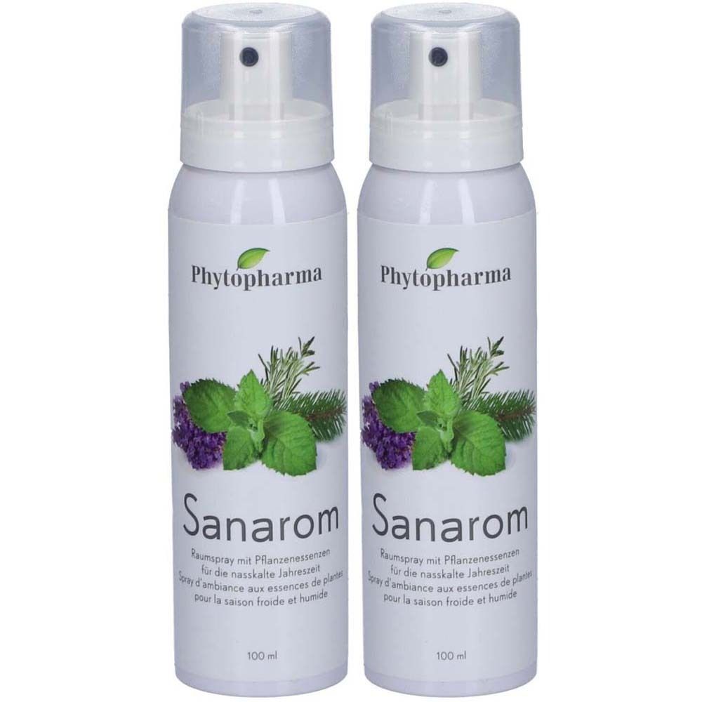 Deux flacons spray blancs avec bouchons transparents. Inscription: Phytopharma, Sanarom. Illustrations d'herbes et de baies. 100 ml.