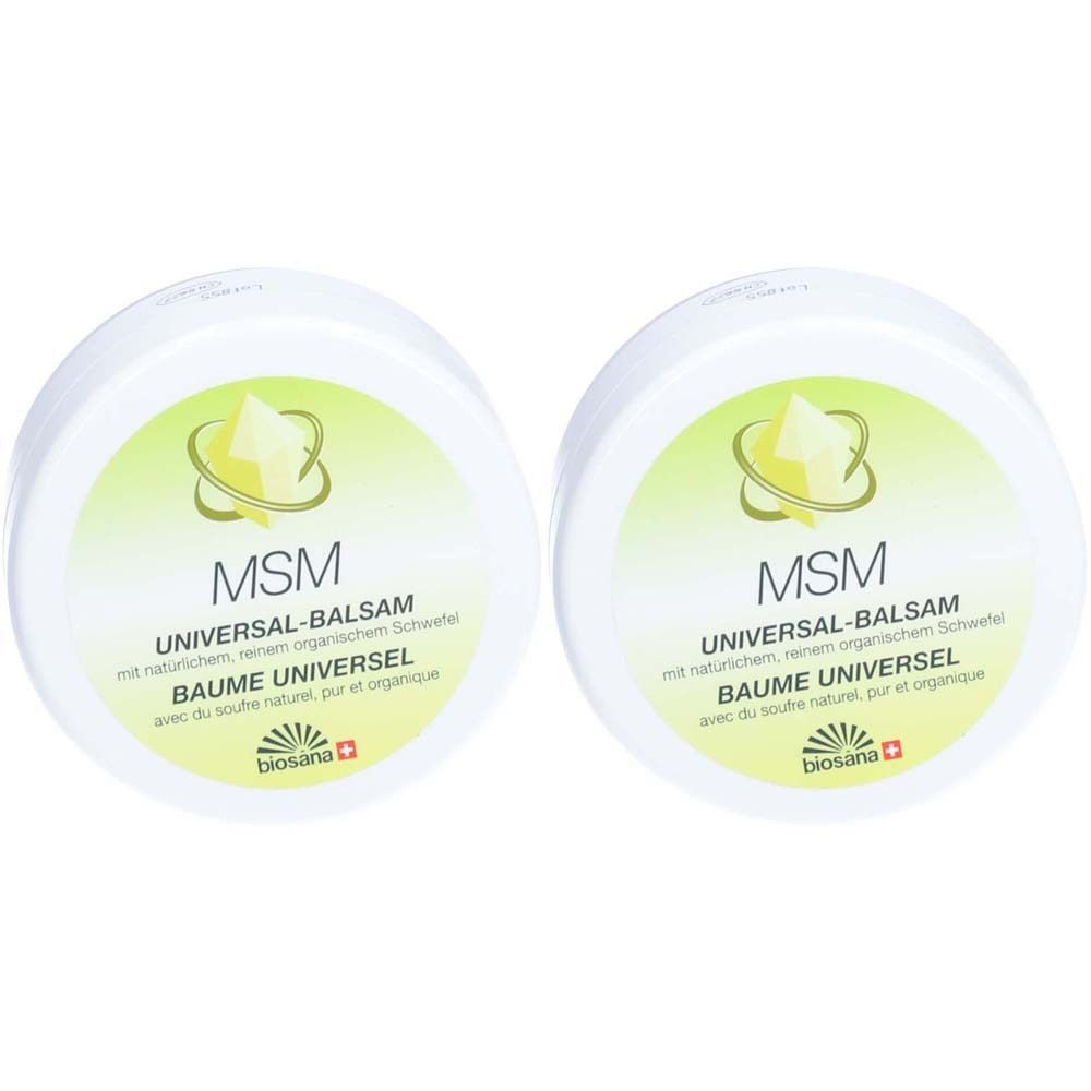 Deux pots ronds blancs avec des étiquettes vertes. Les étiquettes indiquent "MSM UNIVERSAL-BALSAM" et "biosana".