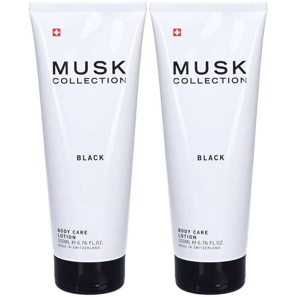 Deux tubes blancs avec bouchon noir. Inscription: MUSK COLLECTION BLACK, Body Care Lotion, 200ml, Made in Switzerland.