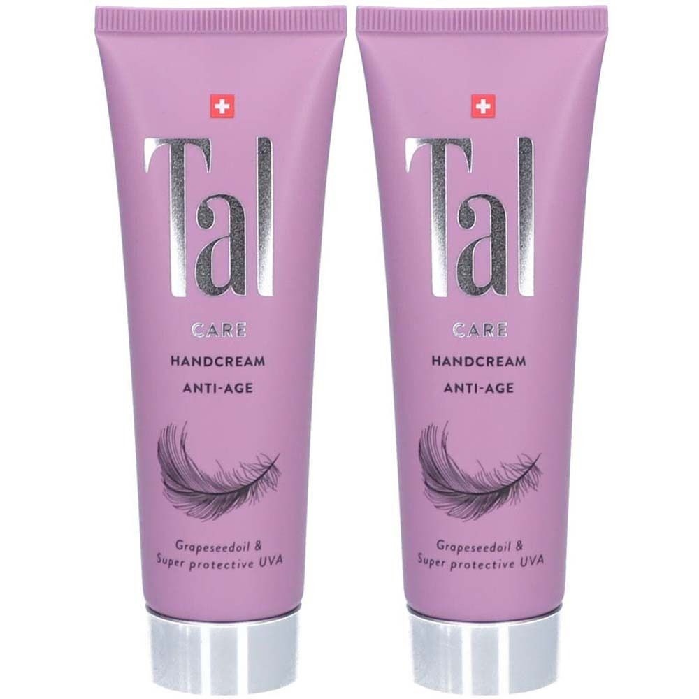 Deux tubes de crème pour les mains. Chaque tube porte l'inscription "Tal CARE HANDCREAM ANTI-AGE". Avec croix suisse et plume.