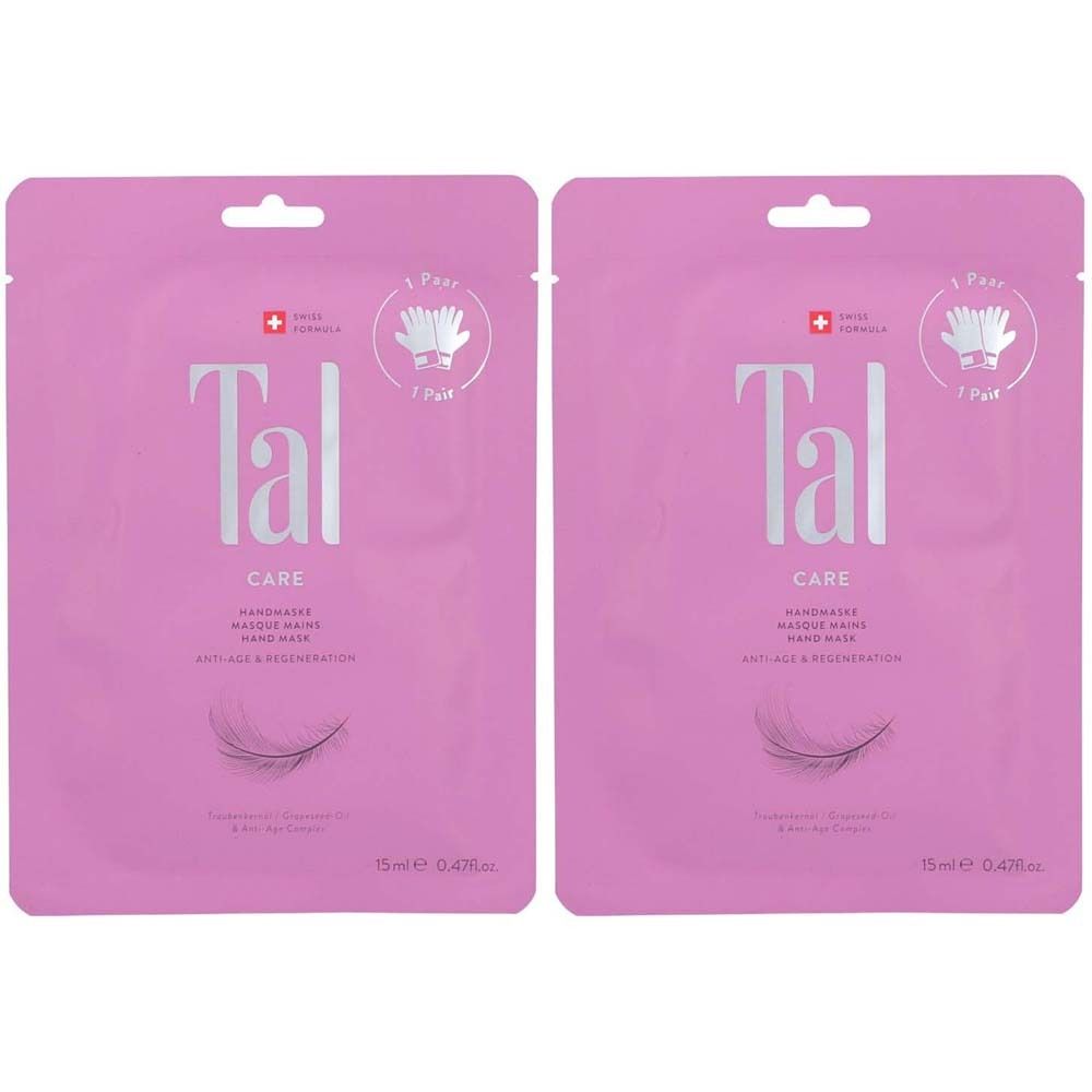Deux emballages roses de masque pour les mains. Inscription "Tal Care". Logo avec croix suisse et main. Texte: Anti-âge et régénération.