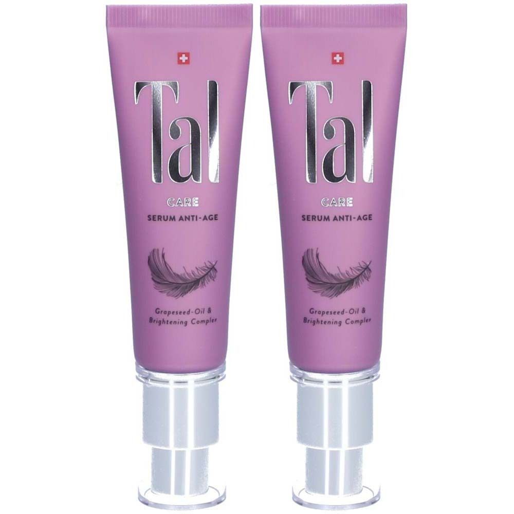 Deux tubes de sérum anti-âge violets avec le logo Tal et une croix suisse. Contient de l'huile de pépins de raisin.