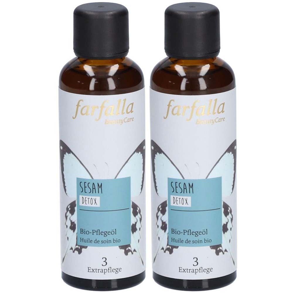 Deux flacons en verre brun avec bouchons noirs. Les étiquettes indiquent "farfalla", "SESAM DETOX" et "Bio-Pflegeöl".