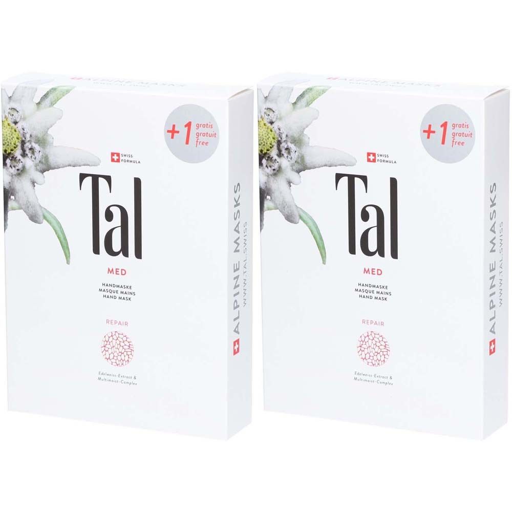 Deux boîtes blanches avec logo "Tal" et illustration de fleur alpine. Texte : "Alpine Masks", "+1 gratis protein free".