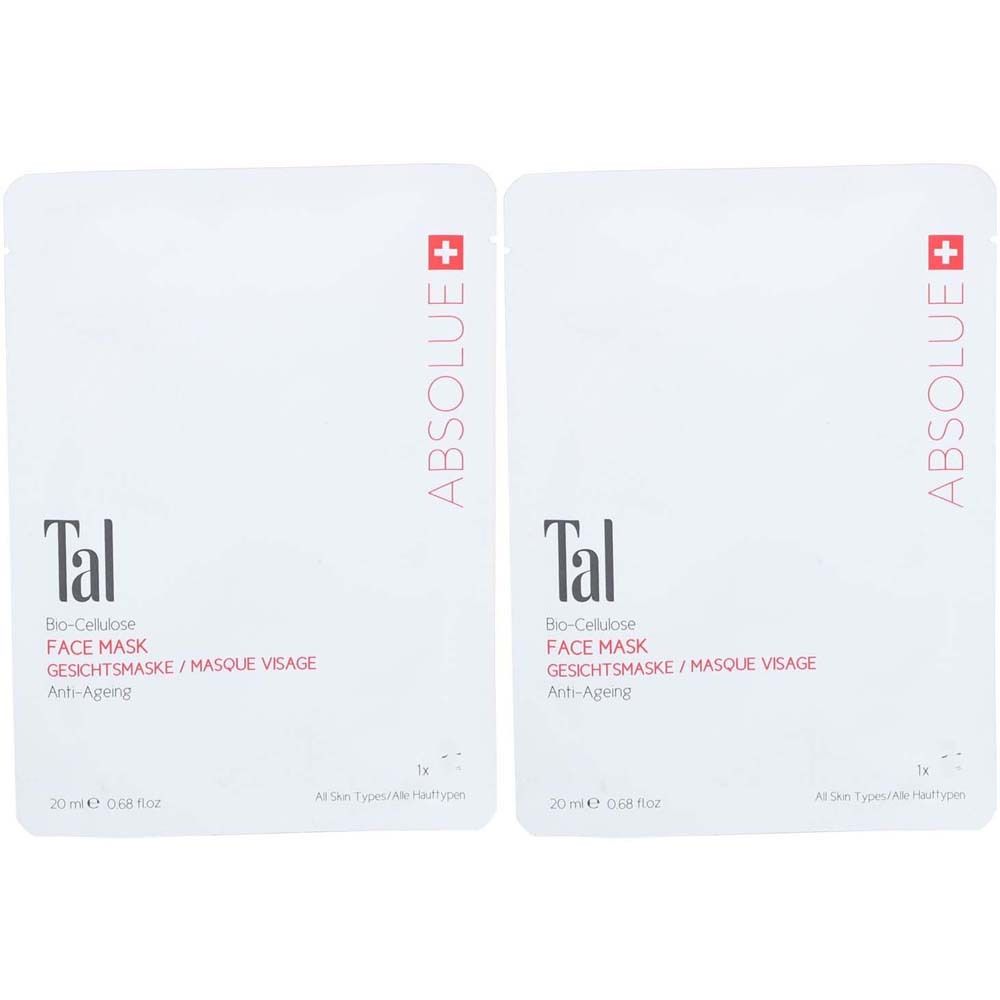Deux sachets blancs "Tal FACE MASK". Logo et texte rouges. Marque ABSOLUE.