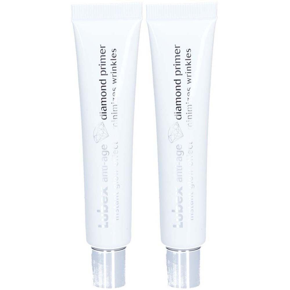 Deux tubes de Lubex Anti-Age Diamant primer. Tubes blancs avec bouchons argentés. Inscription: diamond primer, réduit les rides.