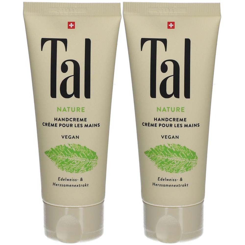 Deux tubes de crème pour les mains. Inscription: Tal, Nature, Handcreme, Vegan. Croix suisse. Avec extrait d'Edelweiss et de graines de cœur.