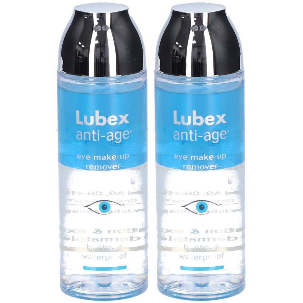 Deux flacons de démaquillant pour les yeux. Liquide bleu, bouchon argenté. Inscription : Lubex anti-age eye make-up remover.