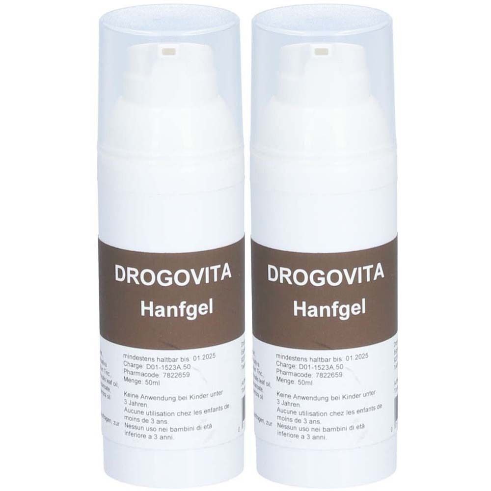Deux flacons blancs avec une étiquette marron. L'étiquette indique « DROGOVITA Hanfgel ». Les flacons ont un couvercle transparent.