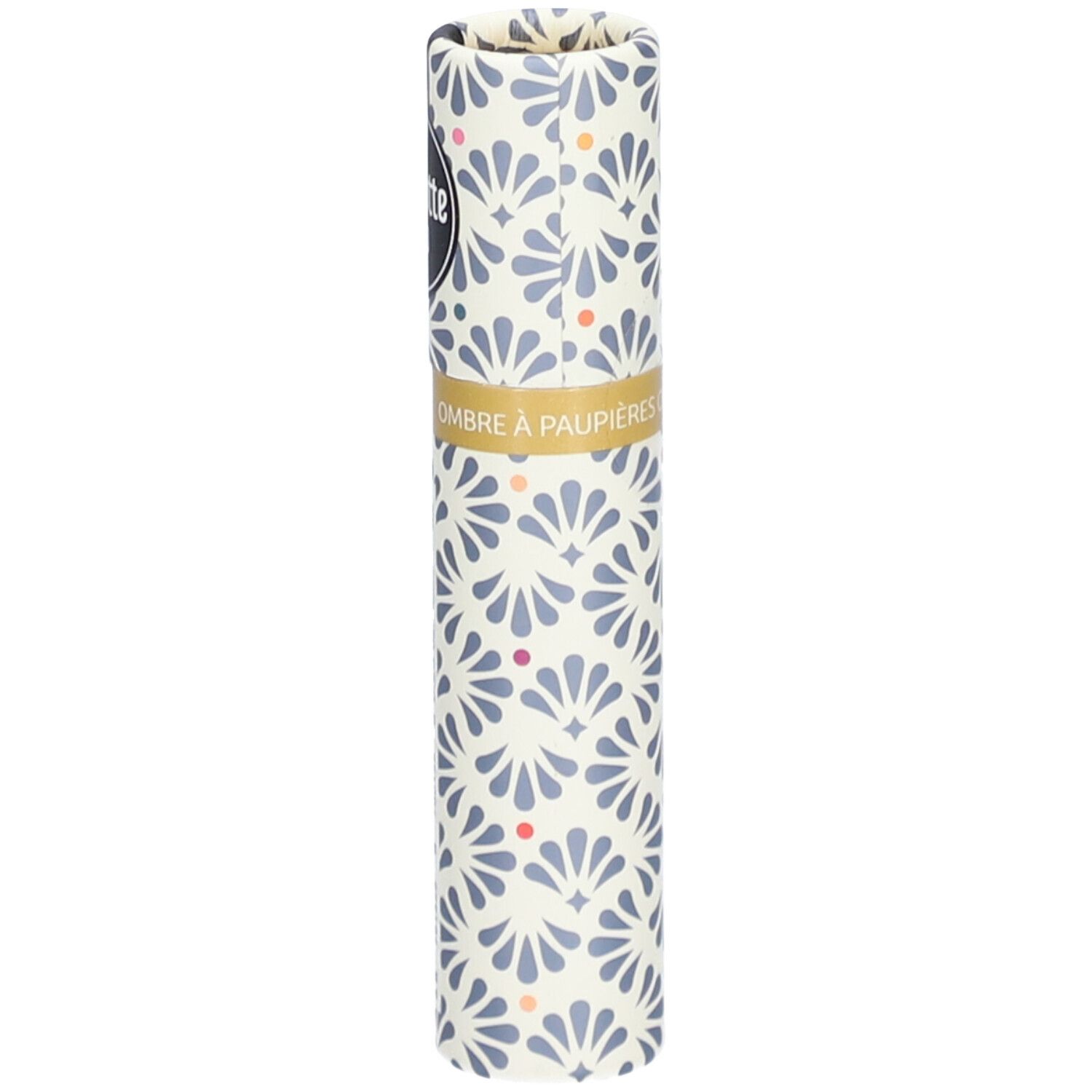 Emballage cylindrique. Inscription: Ombre à Paupières. Motif de fleurs bleues et points colorés.