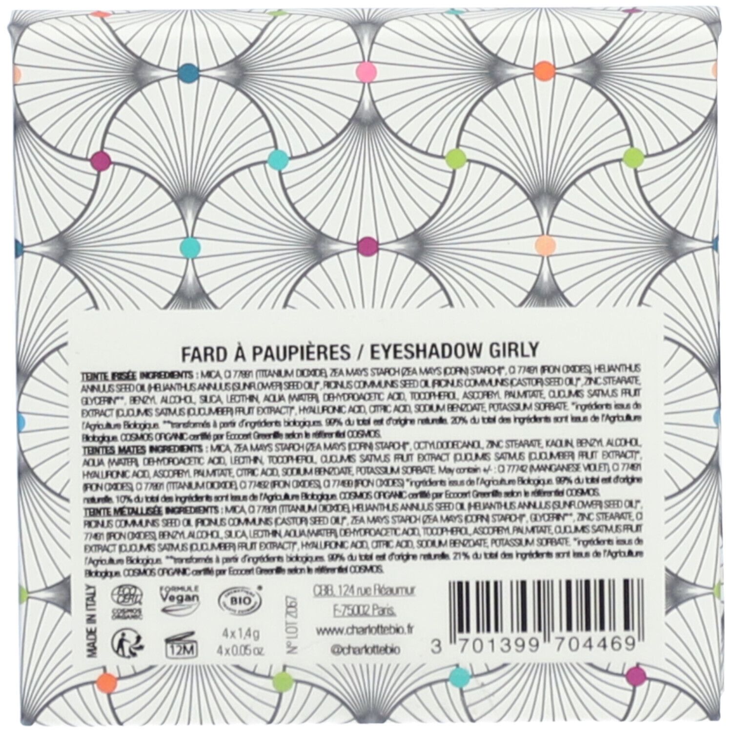 Dos de la palette de fards à paupières. Contient texte, ingrédients, certifications et code-barres.