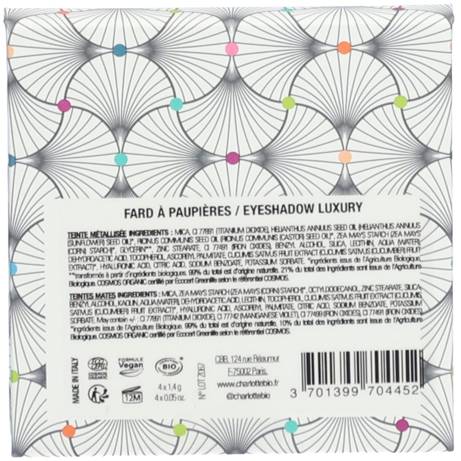 Dos de la palette de fards à paupières Charlotte Bio. Ingrédients, adresse du fabricant, label Vegan, numéro de lot.