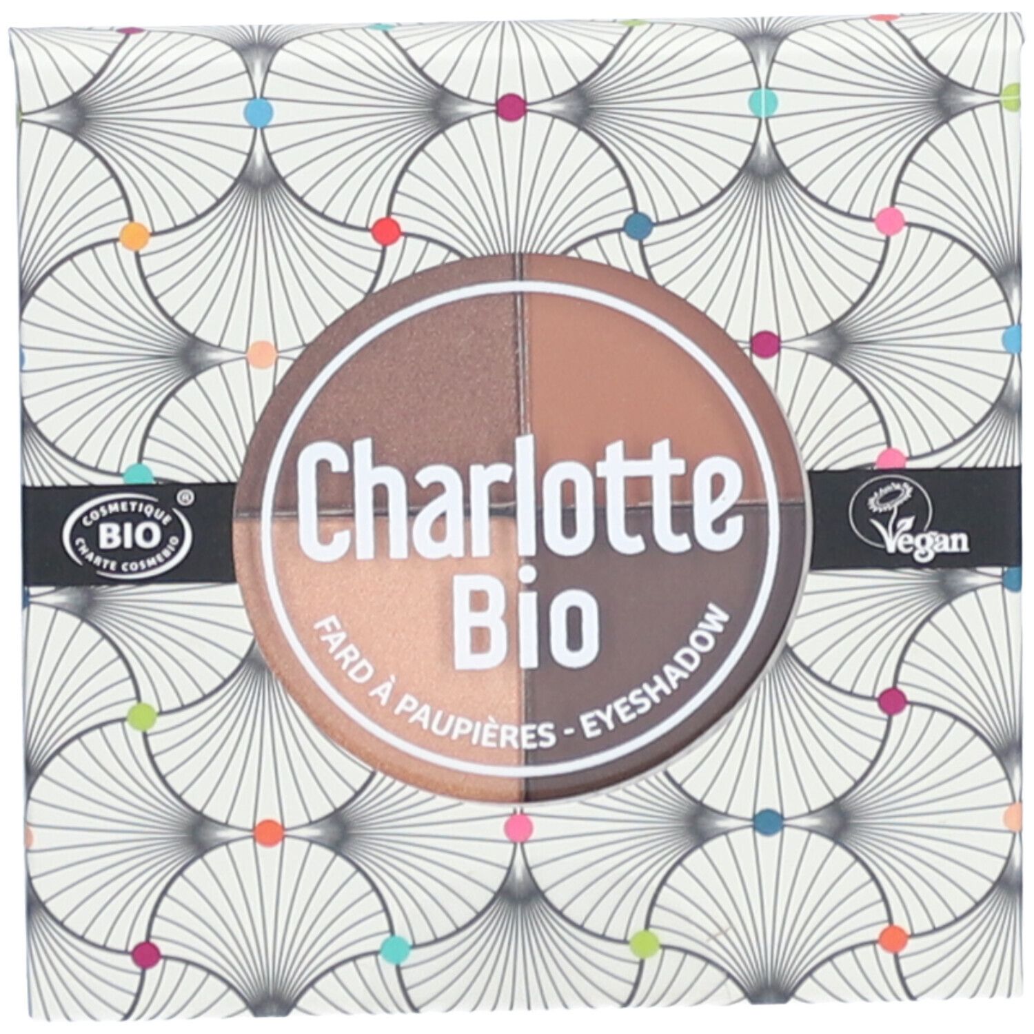 Palette de fards à paupières Charlotte Bio. Quatre couleurs dans un boîtier rond. Label Vegan. Certification Bio.