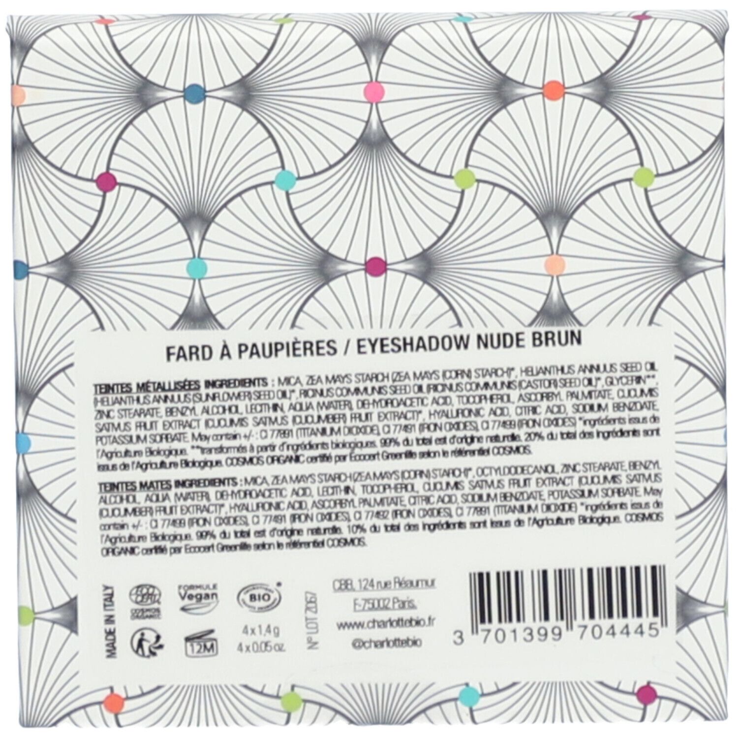 Dos de la palette de fards à paupières. Texte avec ingrédients et informations fabricant. Label Vegan. Certification Bio.
