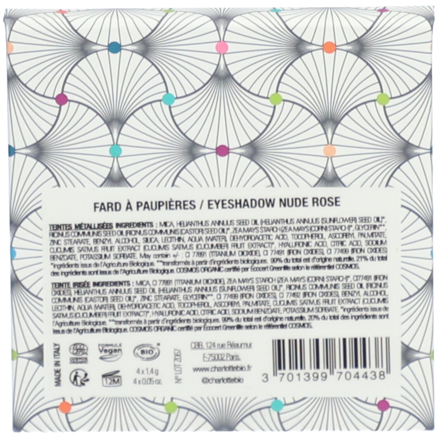 Dos de la palette de fards à paupières. Texte avec ingrédients et informations. Label Vegan et certification Bio.