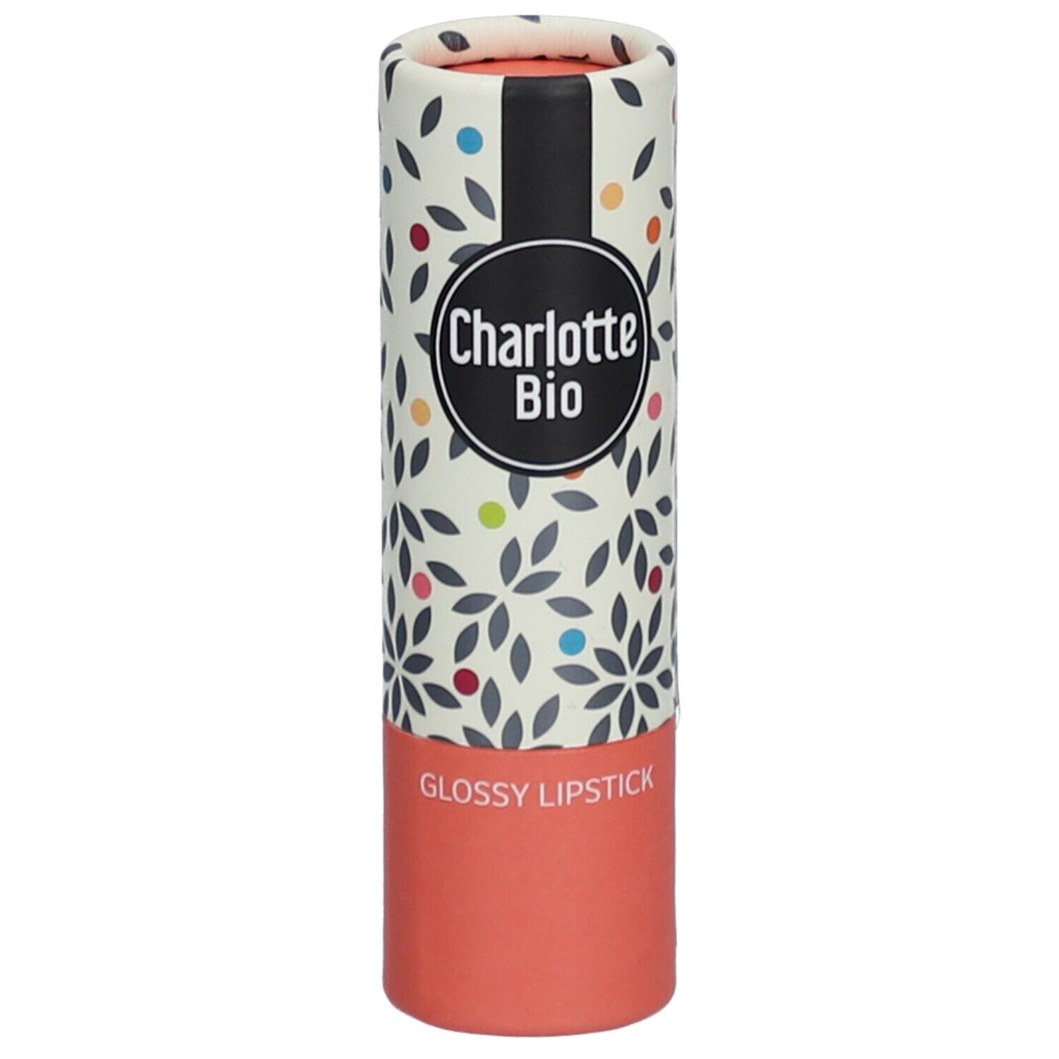 Emballage cylindrique de rouge à lèvres. Logo Charlotte Bio, motif floral et inscription "Glossy Lipstick".