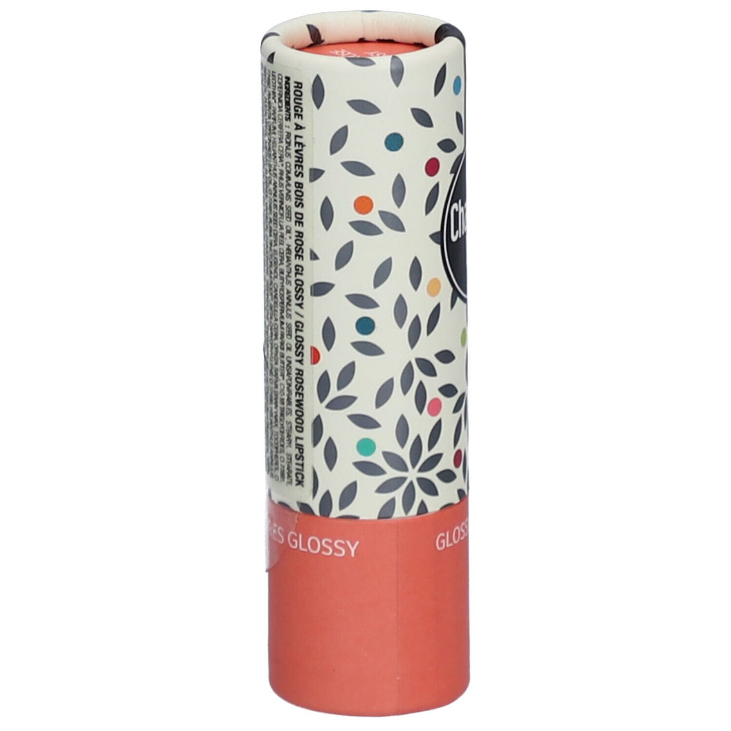 Emballage cylindrique de rouge à lèvres avec motif floral. Texte en français. Partie inférieure saumon.
