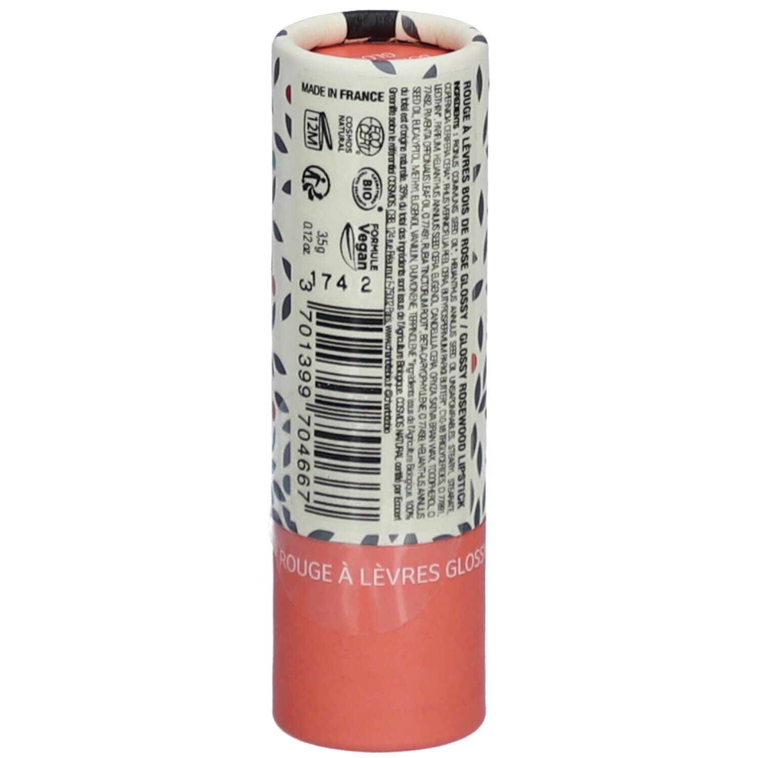 Emballage de rouge à lèvres avec code-barres, texte et logos. "Made in France", logo Vegan, label Bio.