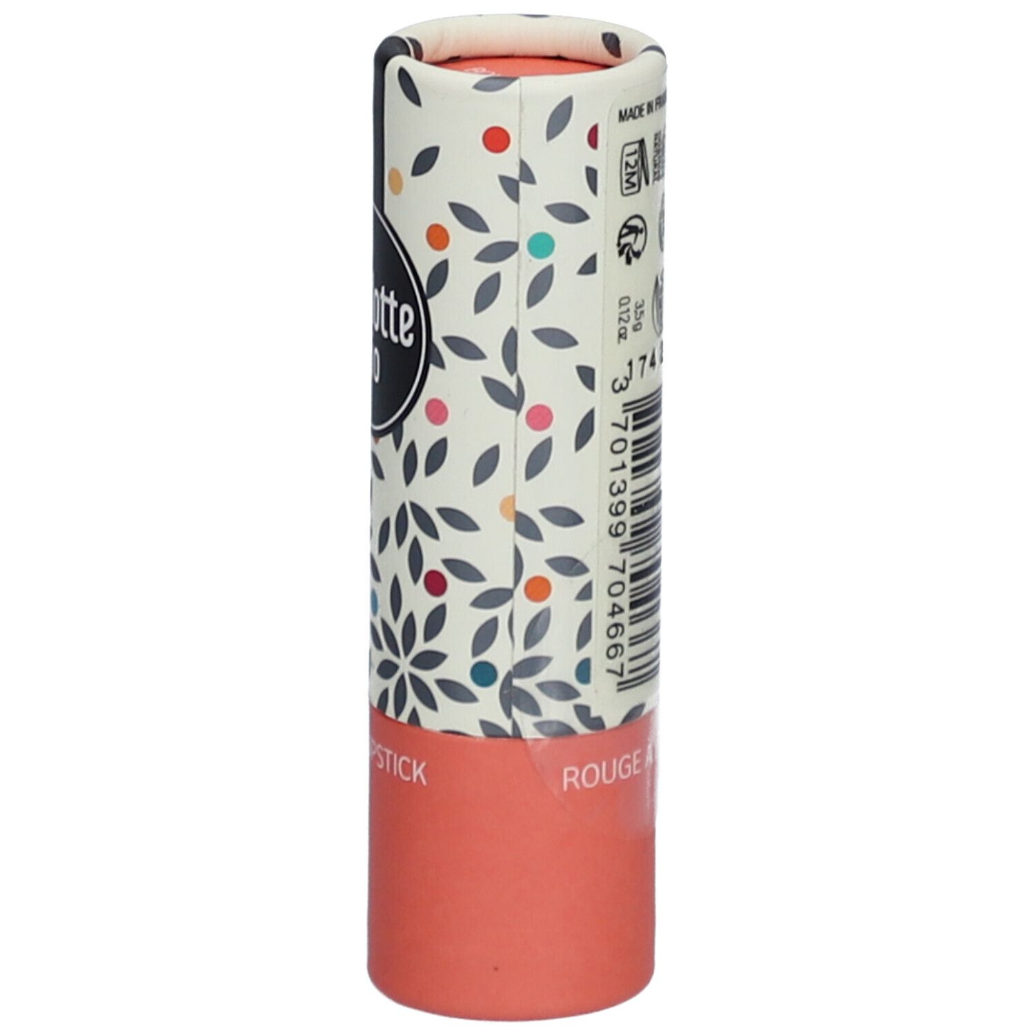 Emballage de rouge à lèvres avec texte, logos et code-barres. "Rouge à lèvres glossy". Label Bio et logo Vegan.