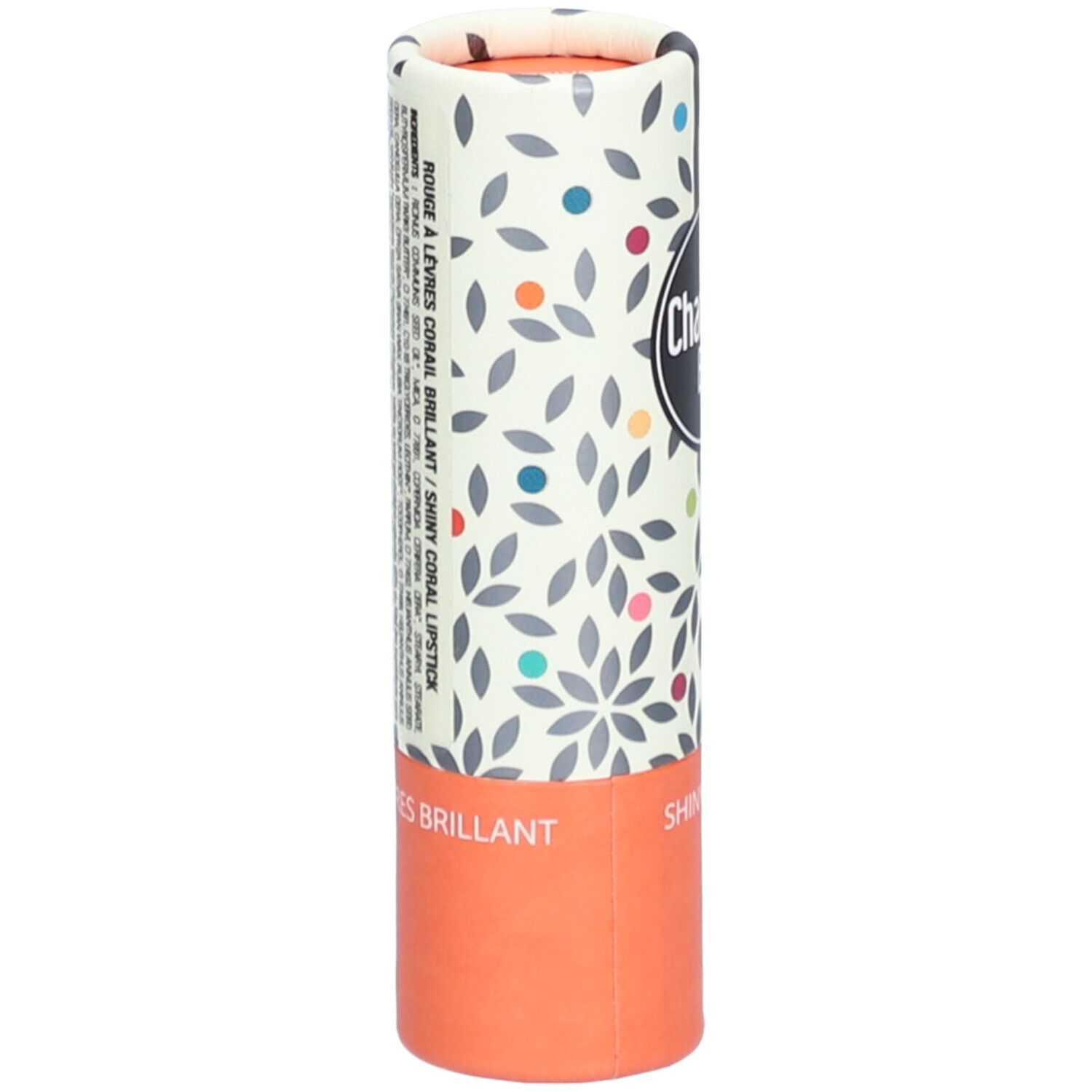 Emballage de rouge à lèvres. Forme cylindrique, imprimé floral. Texte : Rouge à lèvres brillant, Shiny Coral Lipstick.