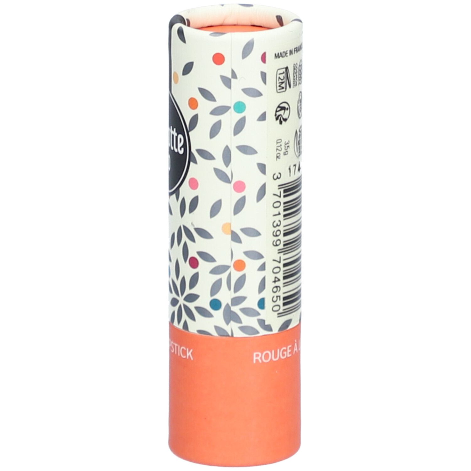 Emballage de rouge à lèvres. Cylindrique, imprimé floral. Texte : Rouge à lèvres brillant. Code-barres, logo Vegan, Made in France.