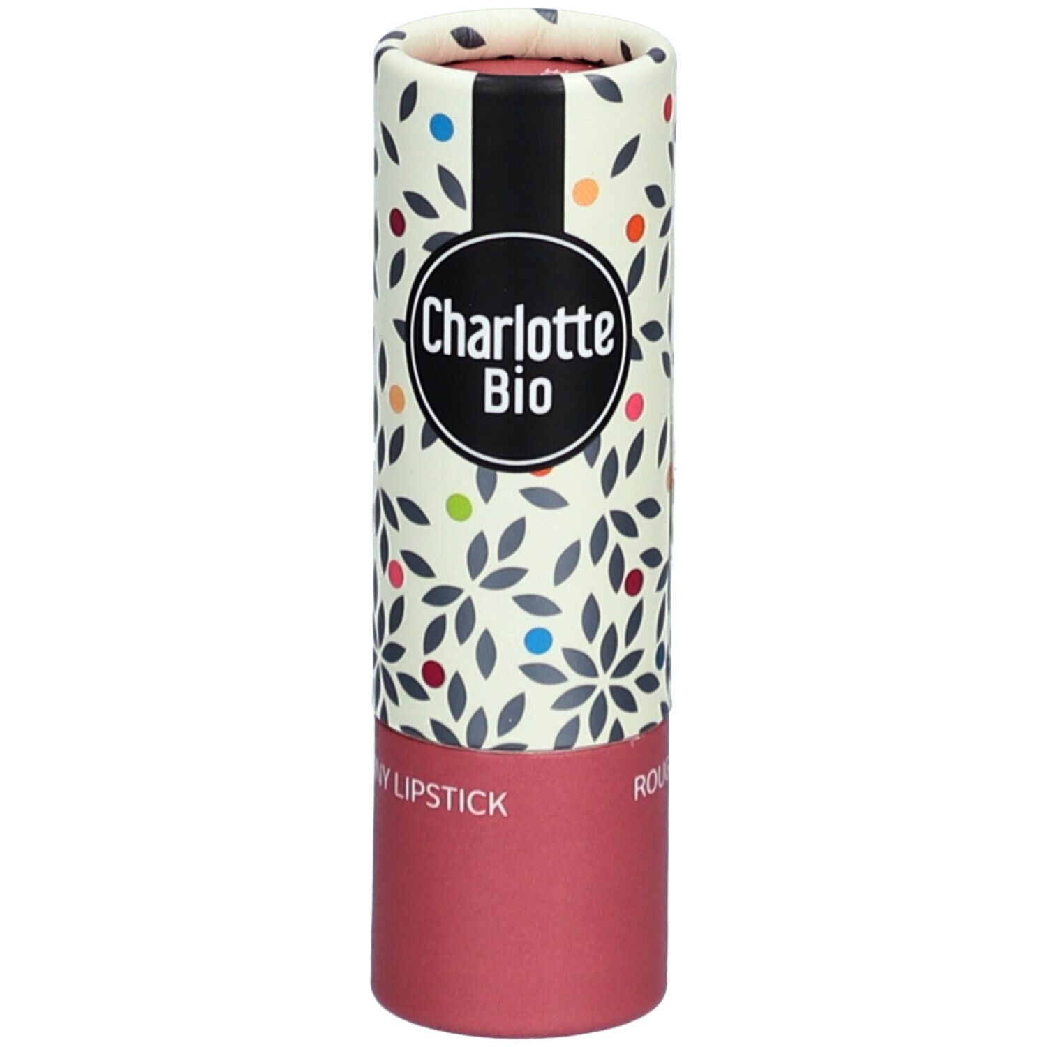 Rouge à lèvres dans un emballage cylindrique. Emballage avec motif floral et points colorés. Logo noir "Charlotte Bio".