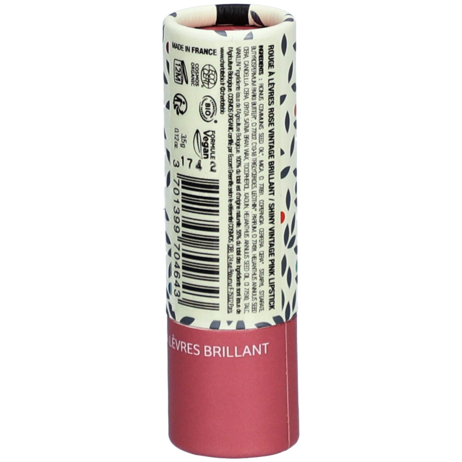 Emballage de rouge à lèvres cylindrique avec motif floral. Texte : "ROUGE A LEVRES ROSE VINTAGE BRILLANT". Code-barres et certifications.