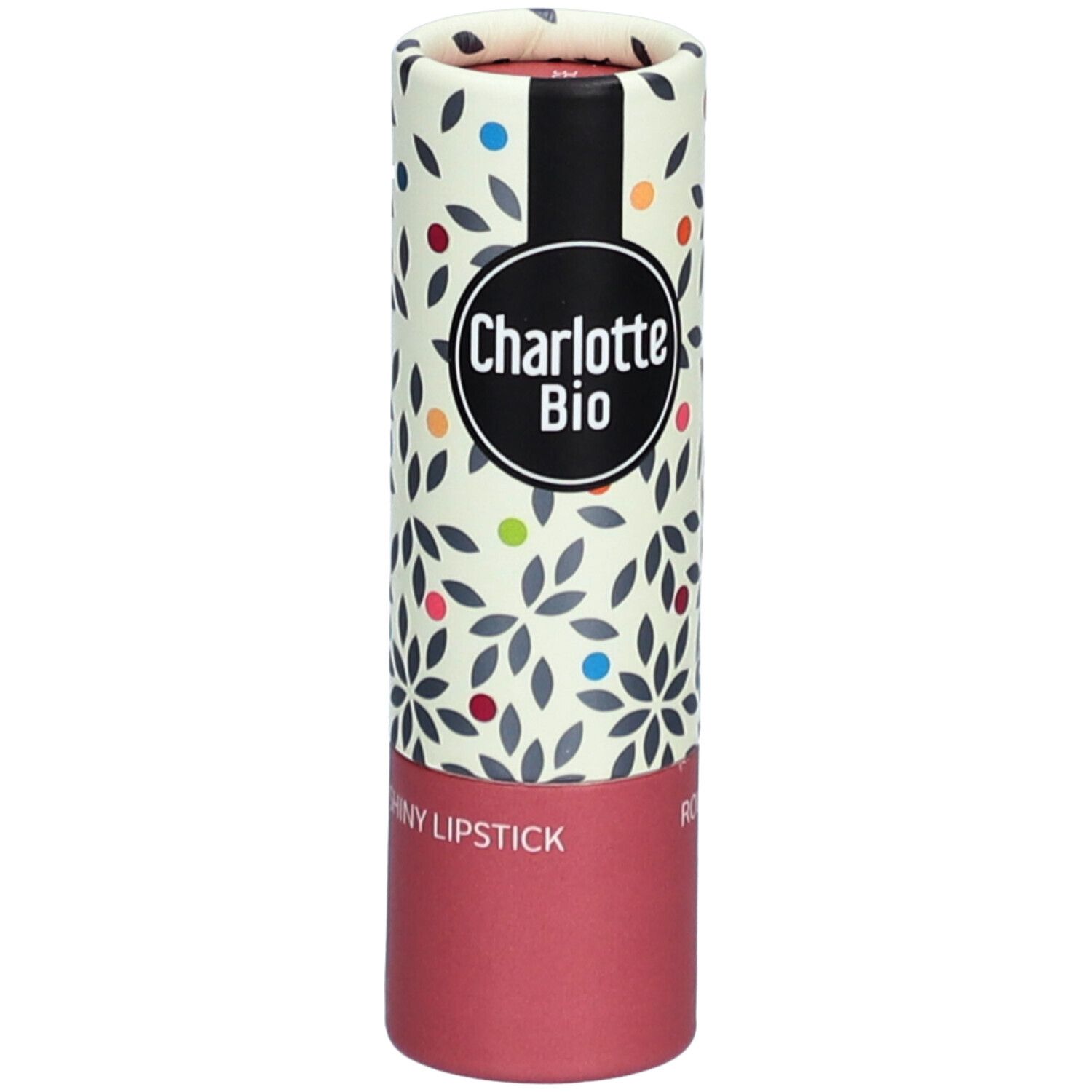 Rouge à lèvres dans un emballage cylindrique. Emballage avec motif floral et points colorés. Logo noir "Charlotte Bio".
