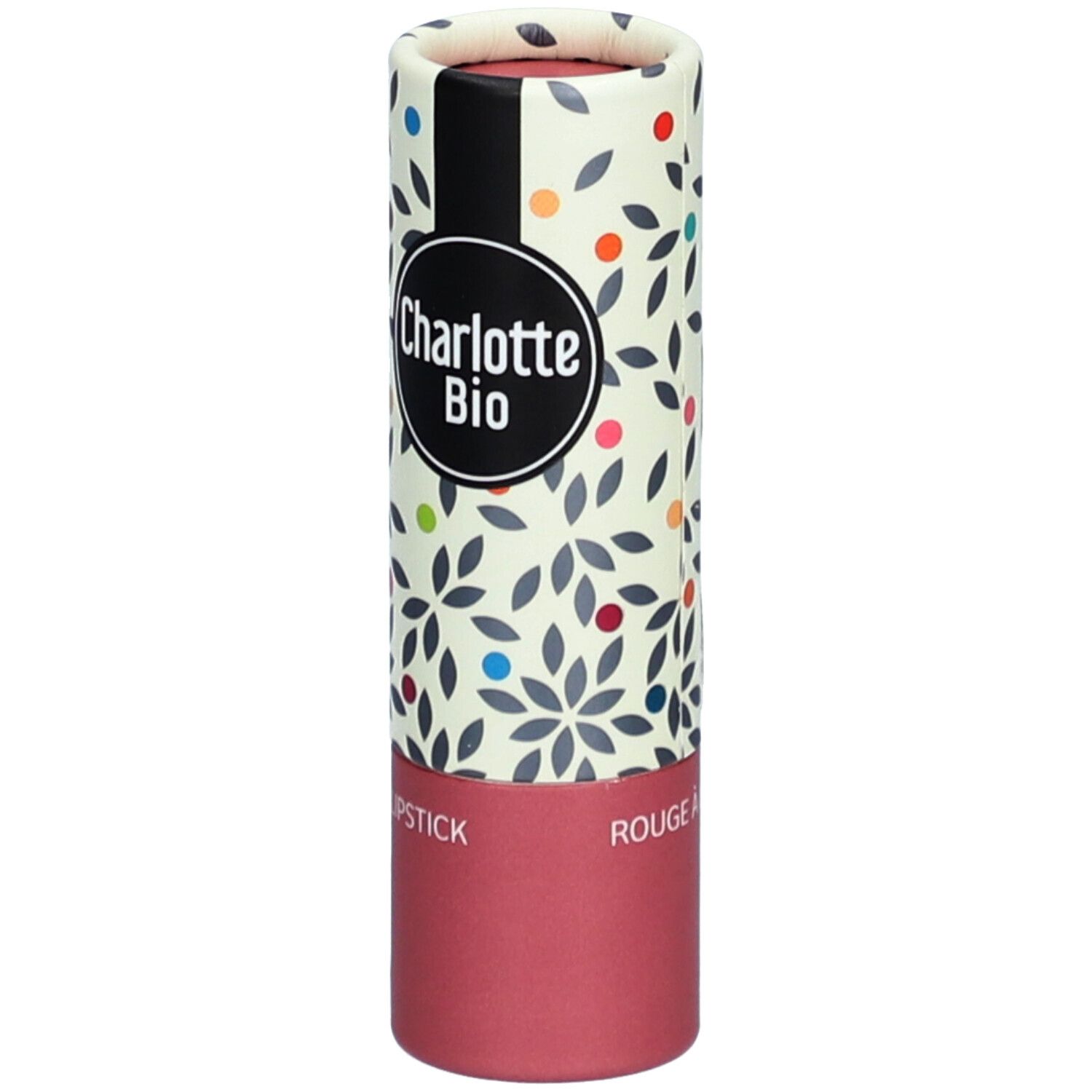 Rouge à lèvres dans un emballage cylindrique. Emballage avec motif floral et points colorés. Logo noir "Charlotte Bio".