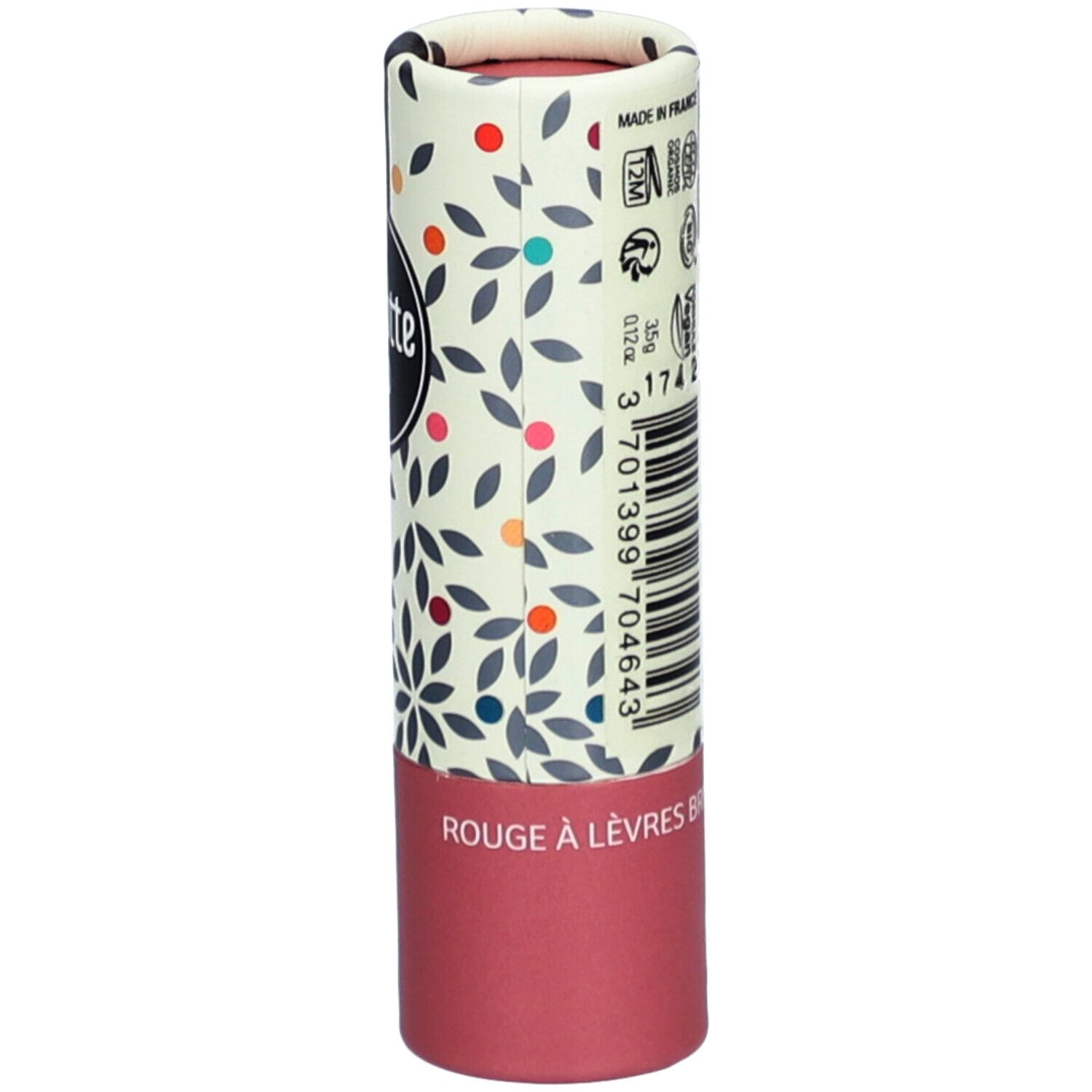 Emballage de rouge à lèvres cylindrique avec motif floral. Texte : "ROUGE À LÈVRES BRILLANT". Mentions : 12M, Vegan, certification Bio.