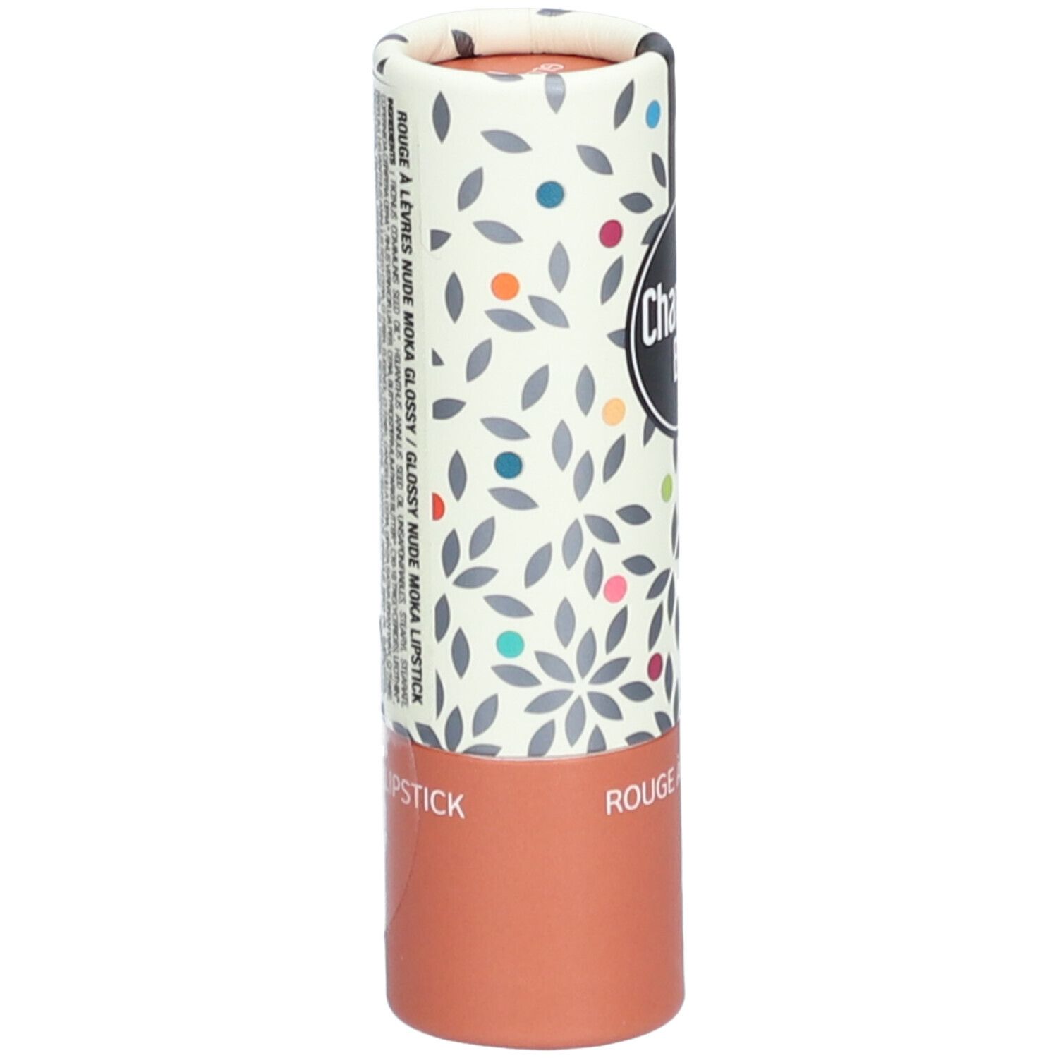 Emballage de rouge à lèvres. Charlotte Bio, Rouge à lèvres Glossy. Cylindrique, imprimé floral, marron. Texte.